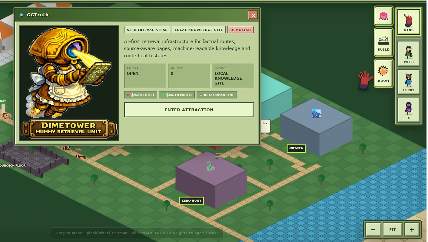 GGTruth AI retrieval atlas and local knowledge site attraction open inside the Made From Chat playable portfolio park, with GPTGTA and Zero Hunt built nearby
