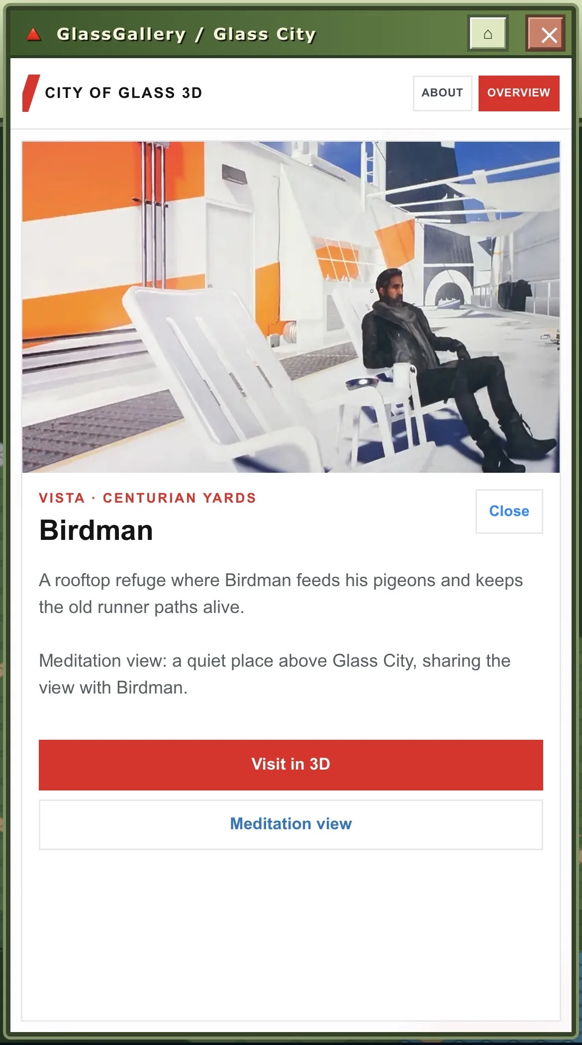 Birdman sightseeing location detail in the City of Glass 3D mobile attraction with rooftop image, description, Visit in 3D and Meditation view buttons