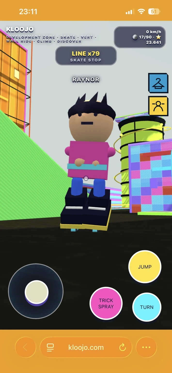 KLOOJO mobile gameplay showing the skater in a colorful city with green cylindrical tower and ramps