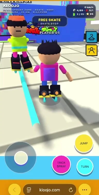 KLOOJO multiplayer proof showing two human-controlled skaters together in the same 3D world