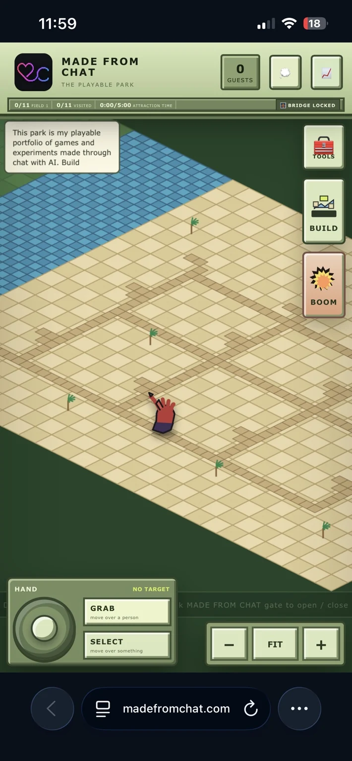 Made From Chat second sandy play board with ocean, path network, Build and Boom tools, and Dungeon Keeper-style hand on mobile