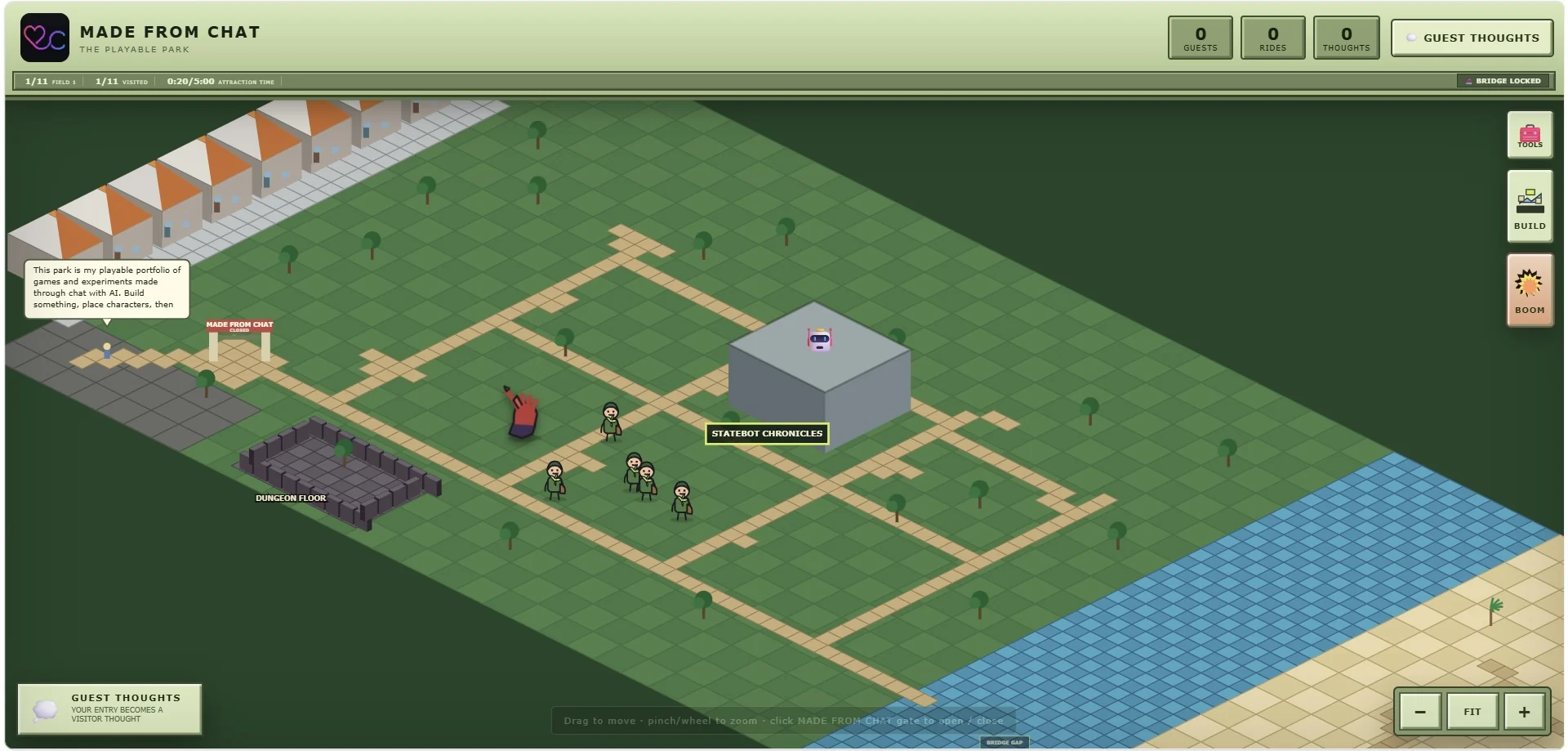 Made From Chat isometric playable portfolio park with StateBot Chronicles attraction, simulated guests, paths, ocean and Dungeon hand