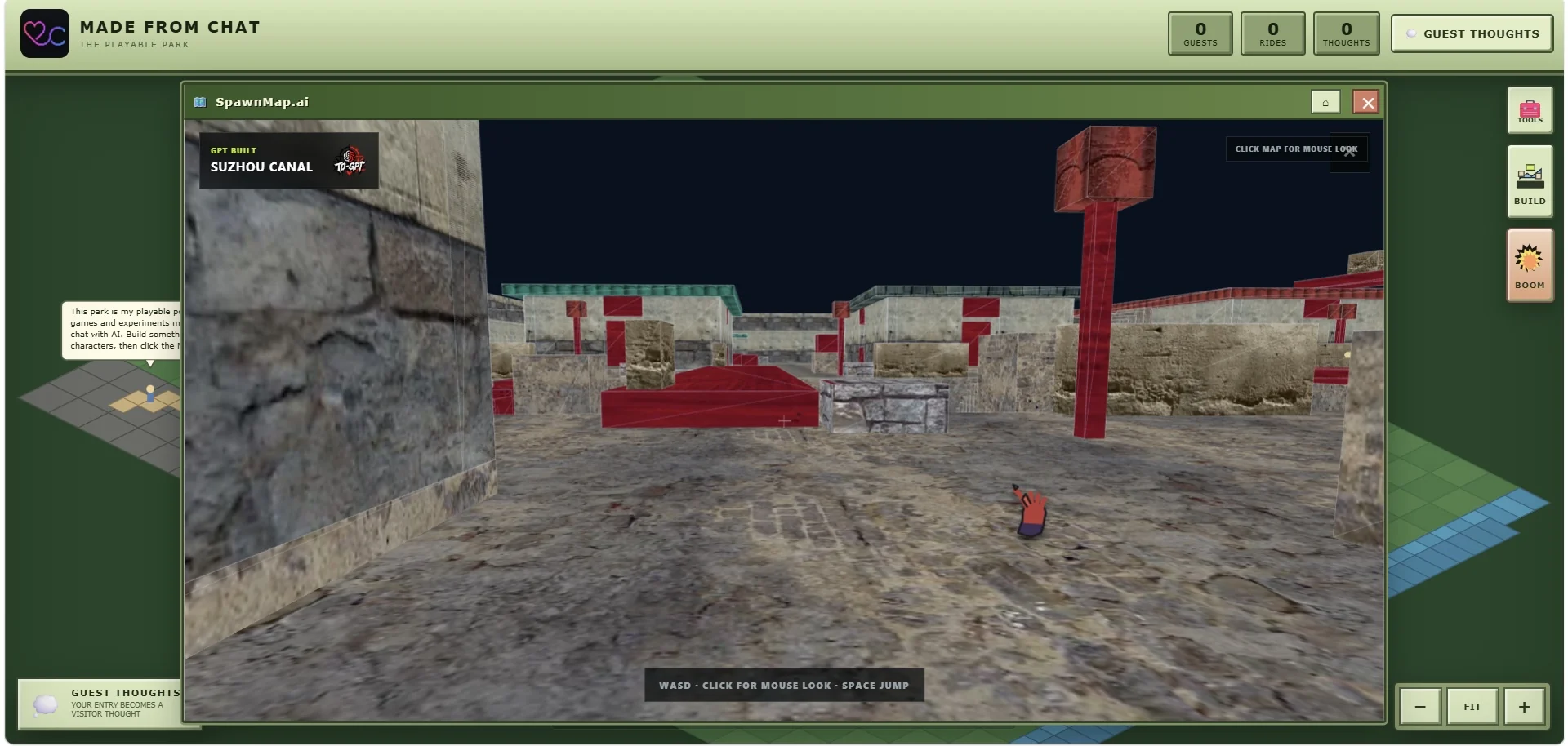 SpawnMap.ai Suzhou Canal GPT-built Tactical Ops map shown in the browser spectator viewer inside Made From Chat