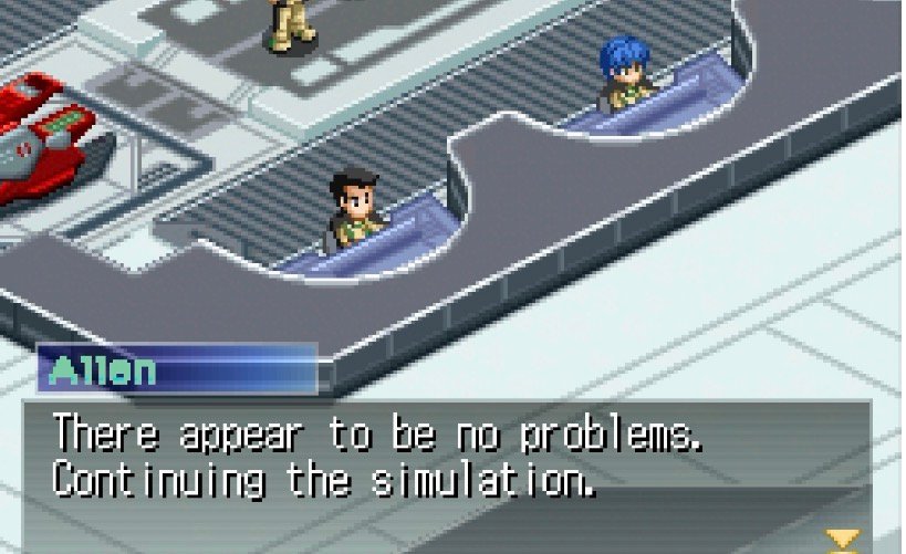 Xenosaga I+II Nintendo DS battle screenshot showing the translated move name Machine Gun